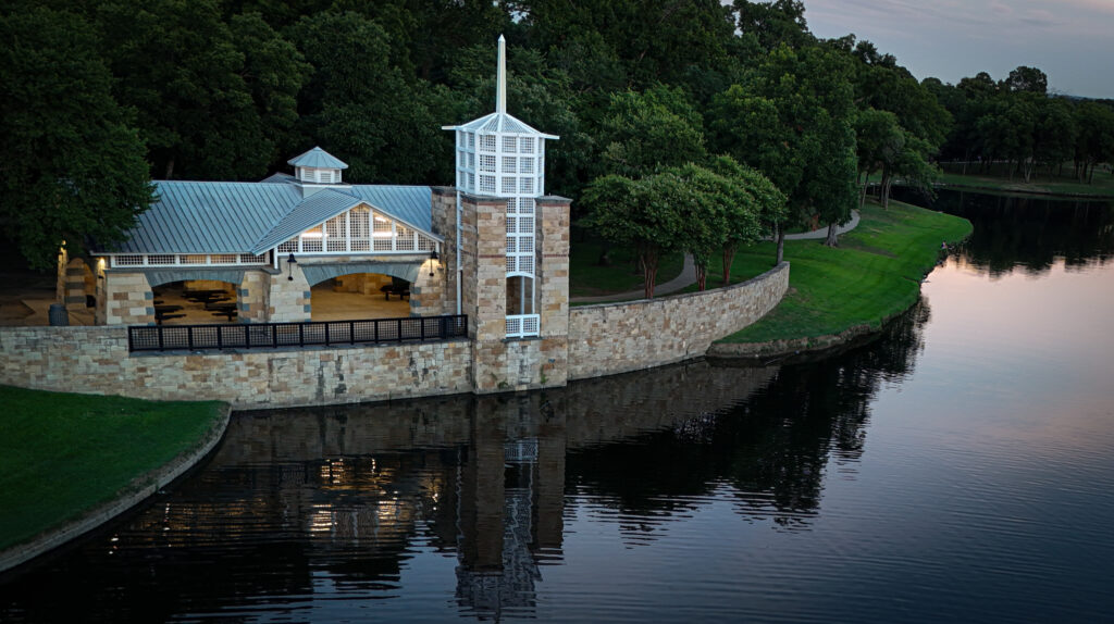 Heritage Park Pavilion in Irving, Texas. Aerial pictured was captured during evening golden hour.